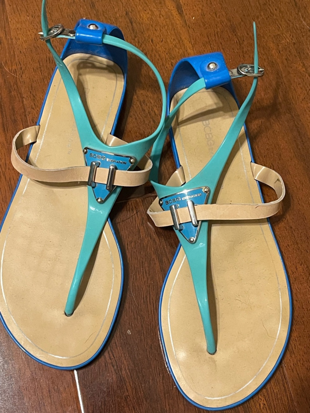 BCBGirls Turquoise and Beige Patent T-Strap Flat Sandals